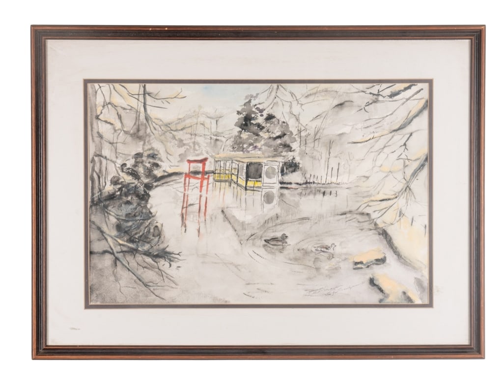 ETHEL CRAVEN CARSON, JAPANESE GARDEN, WATERCOLOR: Ethel Craven Carson (Contemporary). "Japanese garden" - watercolor on paper, signed to LR. Framed. Approximate dimensions: h. 21", w. 29", d. 0.75" Disclaimer: Participating bidders must have a