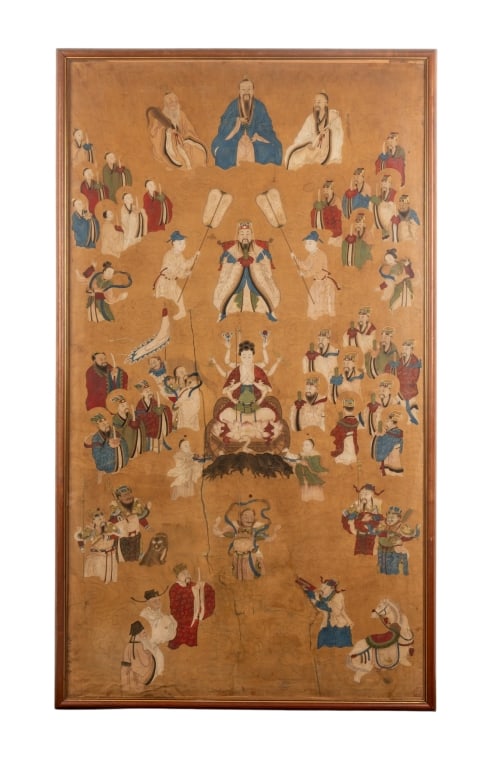 DING YUNPENG WATERCOLOR AND INK ON PAPER: Ding Yunpeng, watercolor and ink with gilt on paper depicting Chinese deities and worshippers, signed with seals. Approximate dimensions: h. 65", w. 37", d. 2" Disclaimer: Participating bidders must