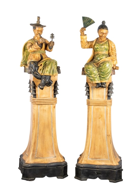 PAIR OF KOREAN POLYCHROME FIGURES ON PLINTHS: Pair of Korean polychrome figures on plinths. Approximate dimensions: h. 66", w. 19", d. 19" Disclaimer: Participating bidders must have a credit card on file with LiveAuctioneers in order for their