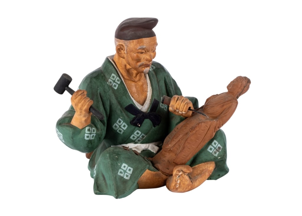 JAPANESE HAKATA CERAMIC FIGURINE: Japanese Hakata ceramic figurine. Signed to bottom. Approximate dimensions: h. 7", w. 8", d. 6" Disclaimer: Participating bidders must have a credit card on file with LiveAuctioneers in order for