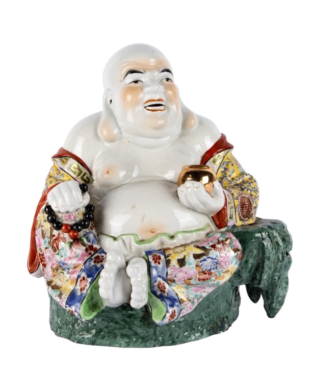 CHINESE FAMILLE ROSE LAUGHING BUDDHA: Chinese Famille Rose laughing Buddha. Approximate dimensions: h. 15", w. 14", d. 9" Disclaimer: Participating bidders must have a credit card on file with LiveAuctioneers in order for their bidding
