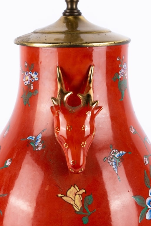 CHINESE PORCELAIN DEER HANDLED HU VASE TABLE LAMP - 5