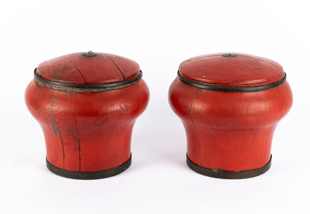 THREE ANTIQUE CHINESE RED LACQUERED RICE BUCKETS - 2