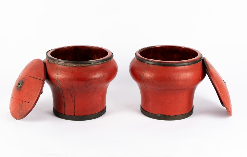THREE ANTIQUE CHINESE RED LACQUERED RICE BUCKETS - 3