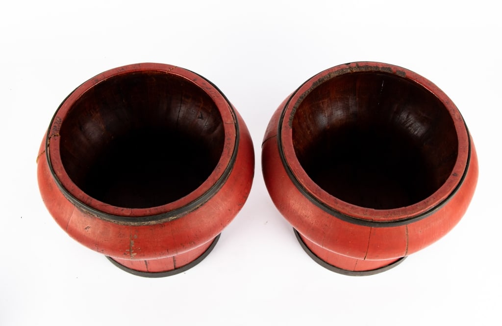 THREE ANTIQUE CHINESE RED LACQUERED RICE BUCKETS - 4