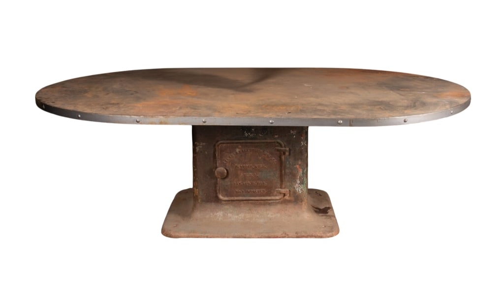 LELAND & FAULCONER MFG. CO. INDUSTRIAL TABLE: Leland & Faulconer Mfg. Co. industrial table. Approximate dimensions: h. 31.25", w. 96", d. 60" Disclaimer: Participating bidders must have a credit card on file with LiveAuctioneers in order for