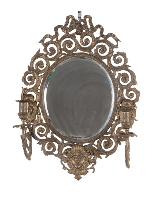 FIGURAL BRONZE MIRROR WITH CANDLE HOLDERS (1 of 5)