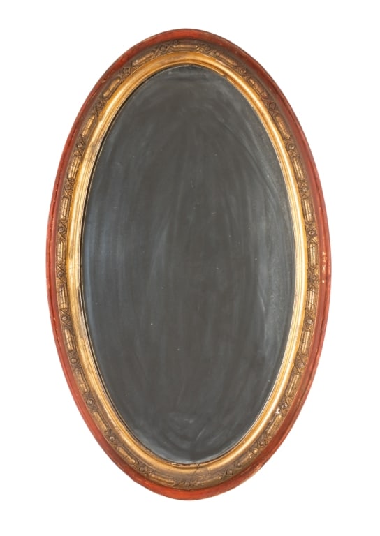 OVAL PARTIAL GILT WALL MIRROR: Oval partial gilt wall mirror with molded frame. Approximate dimensions: h. 42", w. 26", d. 3" Disclaimer: Participating bidders must have a credit card on file with LiveAuctioneers in order for