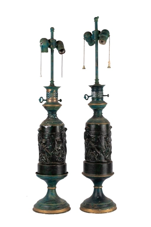 PAIR OF LEVITON FIGURAL METAL TABLE LAMPS: Pair of Leviton figural metal table lamps. Approximate dimensions: h. 31", w. 7", d. 7" Disclaimer: Participating bidders must have a credit card on file with LiveAuctioneers in order for their biddin