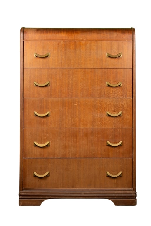 AMERICAN LATE ART DECO WATERFALL DRESSER: American late Art Deco waterfall dresser with ribbon-shaped brass pulls. Approximate dimensions: h. 53", w. 34", d. 19.5" Disclaimer: Participating bidders must have a credit card on file with