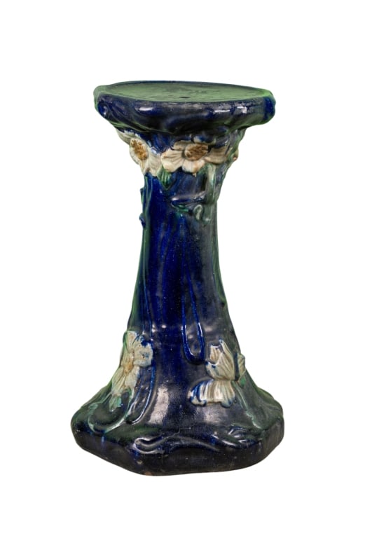 ART NOUVEAU MAJOLICA PLANT STAND: Art Nouveau Majolica plant stand. Marked to underside. Approximate dimensions: h. 25", dia. 14.5" Disclaimer: Participating bidders must have a credit card on file with LiveAuctioneers in order for