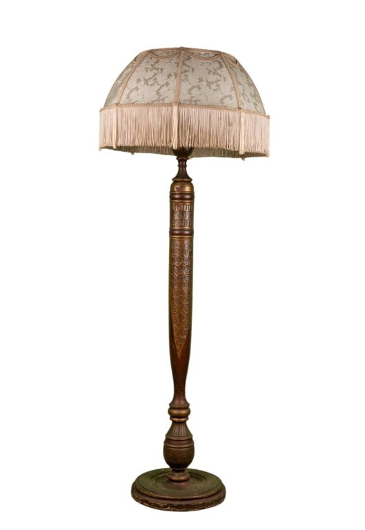 VINTAGE FLOOR LAMP: Vintage floor lamp with cream fringe shade and two lights. Approximate dimensions: h. 68", w. 25", d. 25" Disclaimer: Participating bidders must have a credit card on file with LiveAuctioneers in