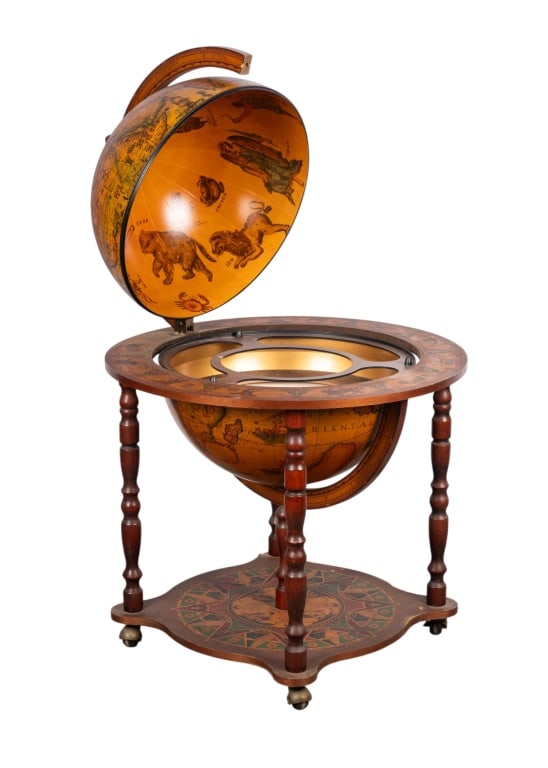 MID-CENTURY ZODIAC WOOD GLOBE BAR CABINET: Mid-Century Zodiac wood globe bar cabinet. Approximate dimensions: h. 37", w. 28", d. 28" Disclaimer: Participating bidders must have a credit card on file with LiveAuctioneers in order for their