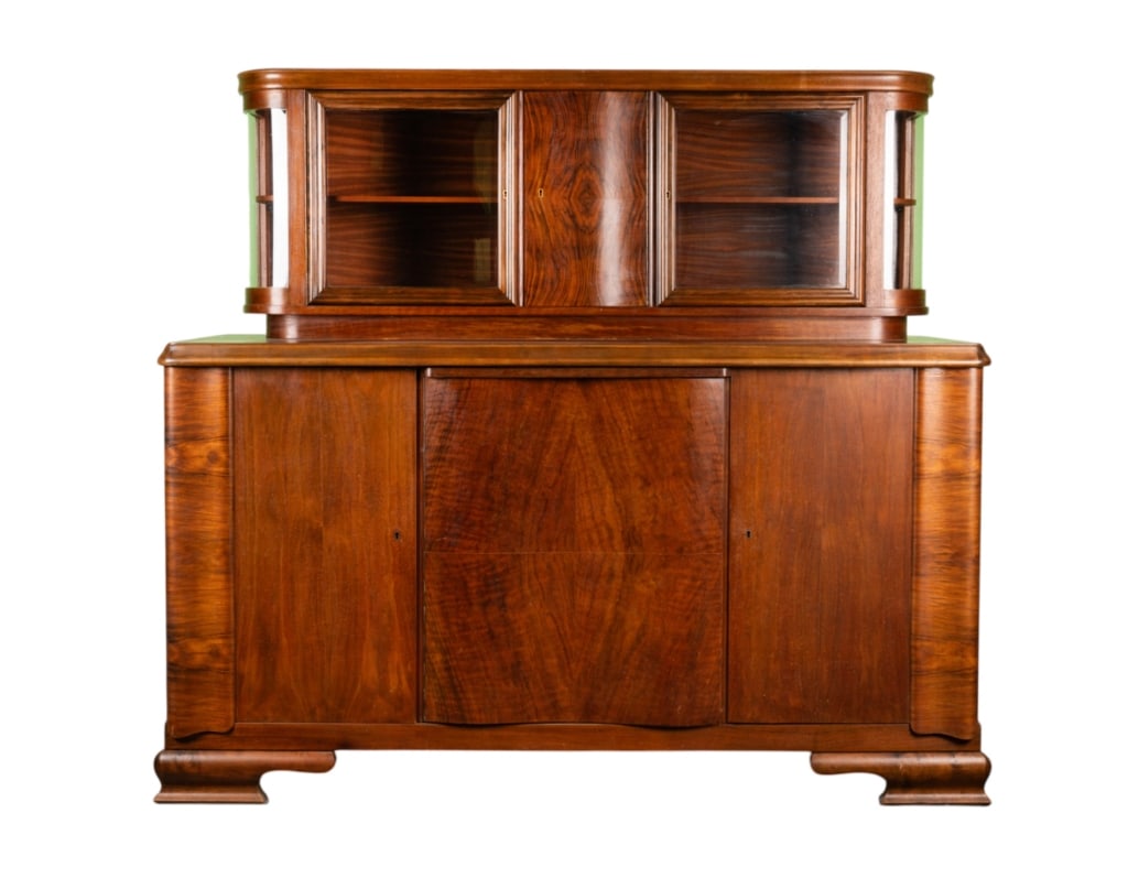 GERMAN 1920S ART DECO BURL WALNUT BUFFET: German 1920s Art Deco burl walnut buffet with key and inset stone surface. Approximate dimensions: h. 64", w. 71", d. 23.5" Disclaimer: Participating bidders must have a credit card on file with