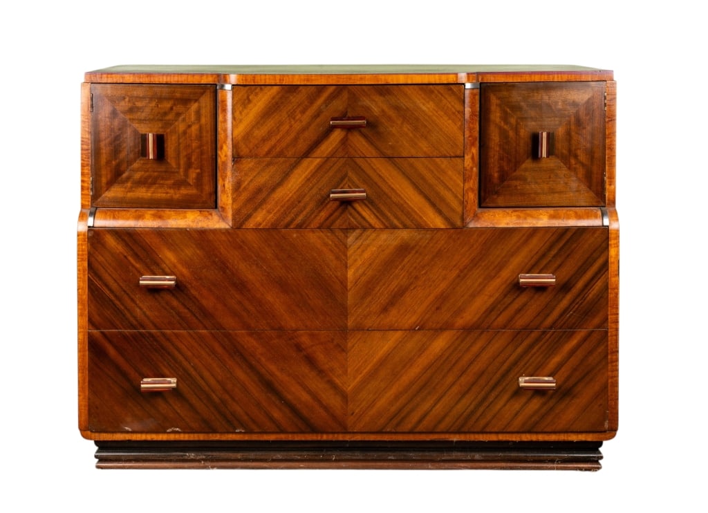 ART DECO WILLIAMSPORT FURNITURE WATERFALL DRESSER: Art Deco Williamsport Furniture waterfall dresser. Approximate dimensions: h. 35", w. 46.5", d. 20" Disclaimer: Participating bidders must have a credit card on file with LiveAuctioneers in order for
