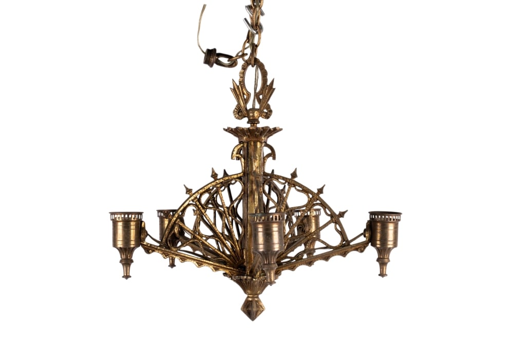 EARLY 20TH C. METALWORK RADIAL WEBS CHANDELIER: Early 20th century metalwork radial webs chandelier with brass patina and 5 arms. Approximate dimensions: h. 16", dia 17" Disclaimer: Participating bidders must have a credit card on file with