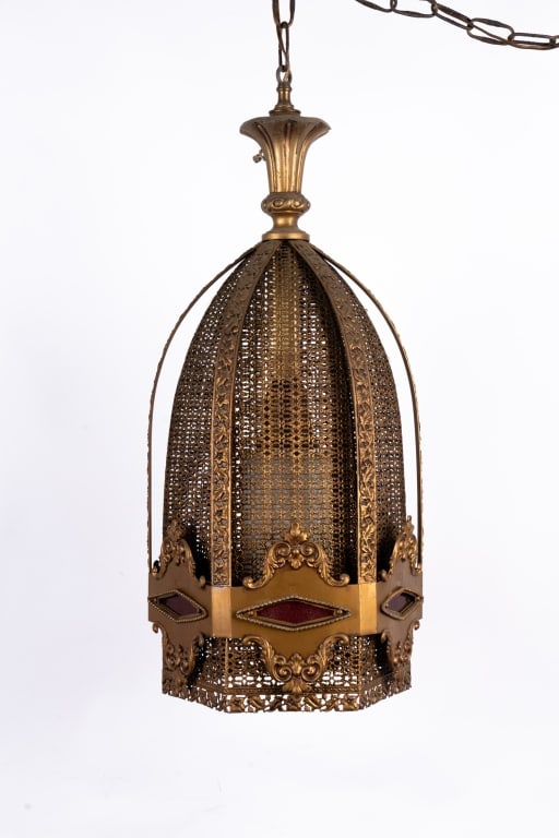 ART DECO SWAG LIGHT WITH RED GLASS ACCENTS - 7