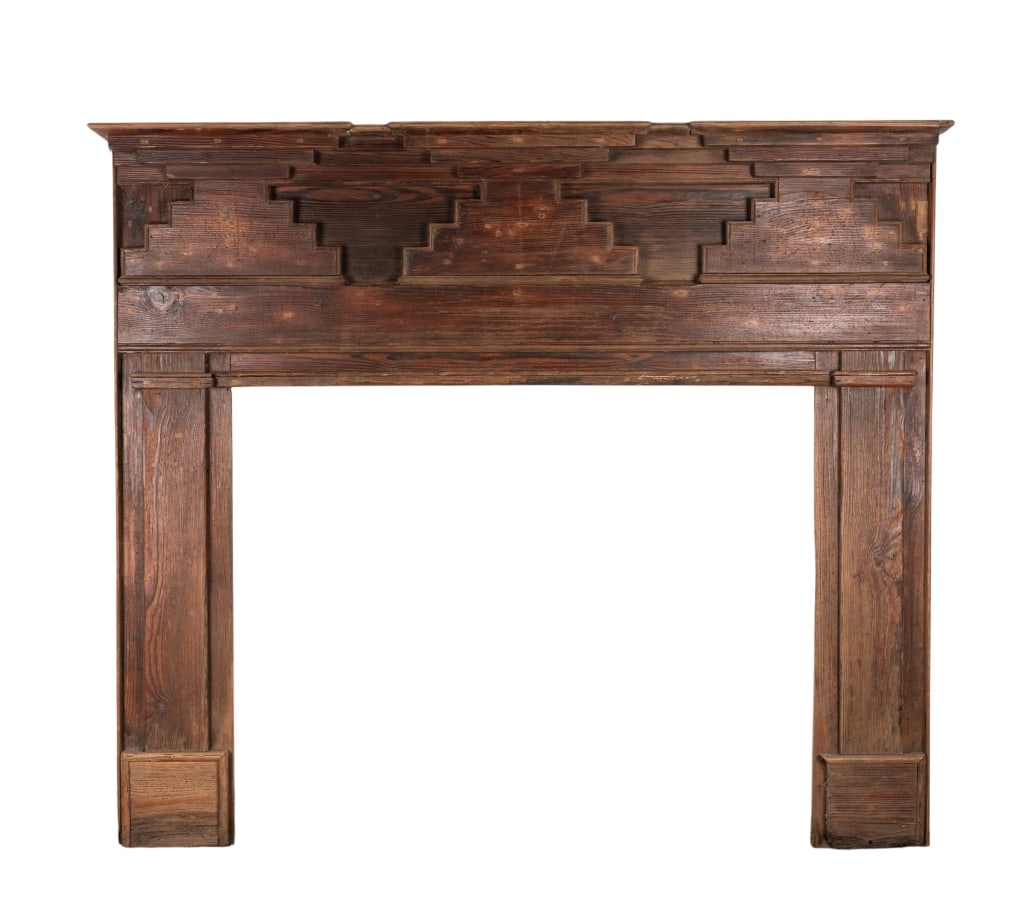 ARTS & CRAFTS HARD PINE FIREPLACE SURROUND: Arts & Crafts hard pine fireplace surround. Approximate dimensions: h. 60.5", w. 71", d. 6" Disclaimer: Participating bidders must have a credit card on file with LiveAuctioneers in order for their bi