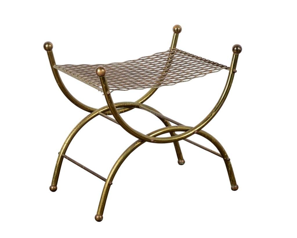MID-CENTURY BRASS STOOL/ACCENT TABLE: Mid-Century brass stool or accent table. Approximate dimensions: h. 19", w. 20", d. 15" Disclaimer: Participating bidders must have a credit card on file with LiveAuctioneers in order for their biddin