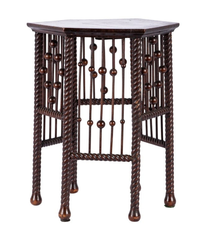 ARTS & CRAFTS SMALL ACCENT TABLE: Arts & Crafts small accent table with twisted legs and carved beaded accents. Approximate dimensions: h. 18.5", w. 15", d. 13" Disclaimer: Participating bidders must have a credit card on file with Li