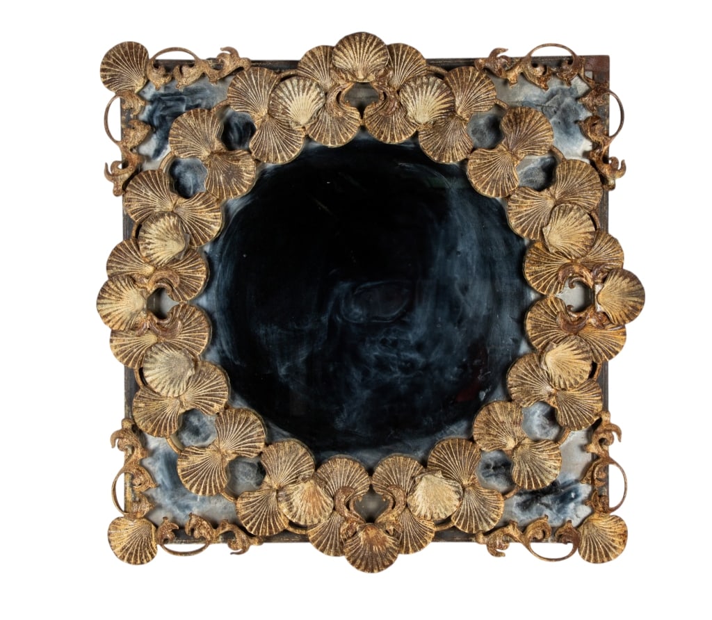 CONTEMPORARY METAL SHELL MOTIF WALL MIRROR: Contemporary metal shell motif wall mirror. Approximate dimensions: h. 32", w. 32", d. 3" Disclaimer: Participating bidders must have a credit card on file with LiveAuctioneers in order for their
