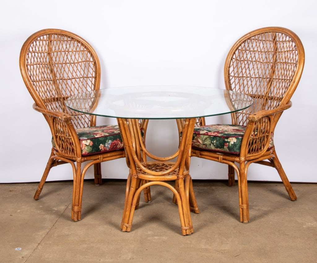 HOLLYWOOD REGENCY STYLE RATTAN TABLE & 4 CHAIRS - 2