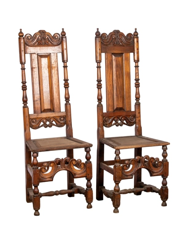 PAIR OF RENAISSANCE REVIVAL HIGH BACK CHAIRS: Pair of Renaissance revival high back chairs with nailhead trim accents. Approximate dimensions: h. 52", w. 18", d. 15.5" Disclaimer: Participating bidders must have a credit card on file with