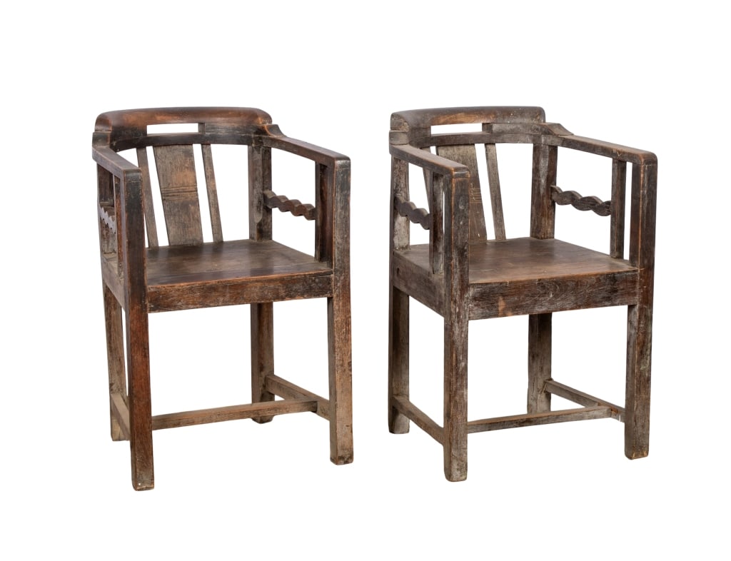 PAIR OF ARTS & CRAFTS ACCENT CHAIRS: Pair of Arts & Crafts accent chairs with carved back and sides and stretcher base. Approximate dimensions: h. 30.25", w. 20.25", d. 17.25" Disclaimer: Participating bidders must have a credit card on