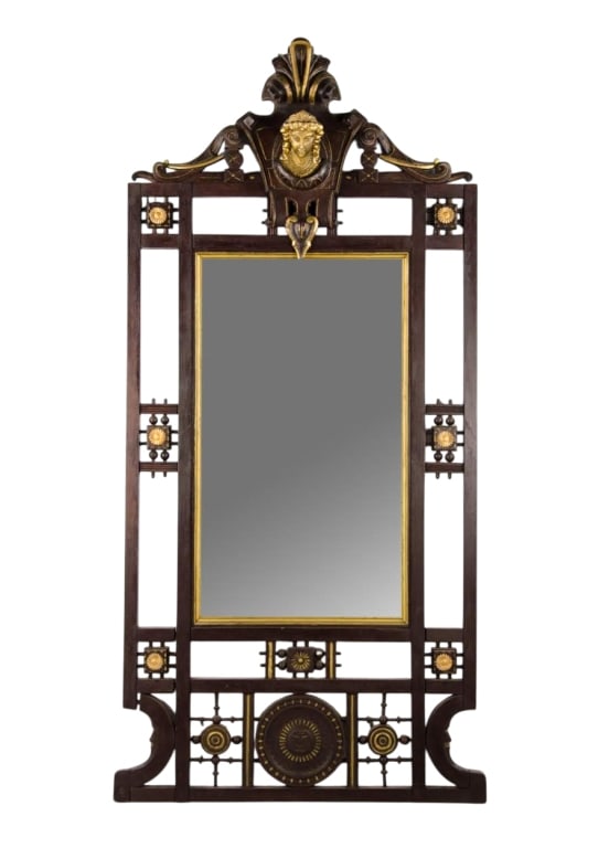 AESTHETIC MOVEMENT WOOD FIGURAL MIRROR: Aesthetic Movement wood figural mirror with gilt accents. Approximate dimensions: h. 60", w. 28.5", d. 5.5" Disclaimer: Participating bidders must have a credit card on file with LiveAuctioneers in or
