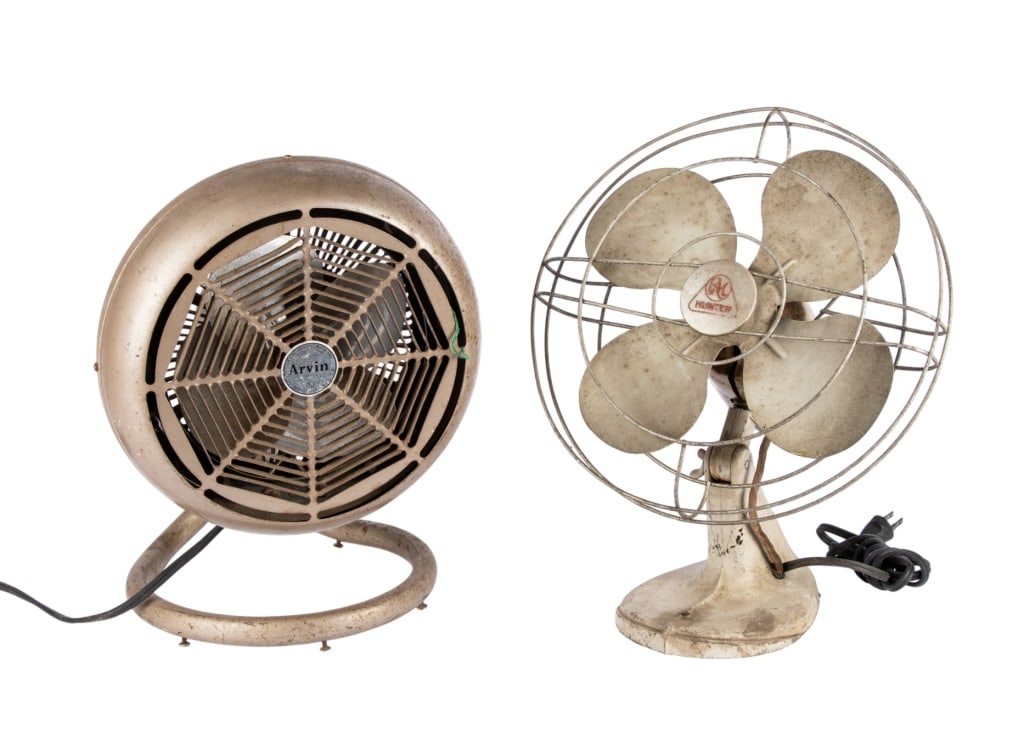 TWO VINTAGE INDUSTRIAL FANS: Two vintage industrial fans, one Arvin and one Hunter. Approximate dimensions: h. 16", w. 13", d. 10" Disclaimer: Participating bidders must have a credit card on file with LiveAuctioneers in order fo