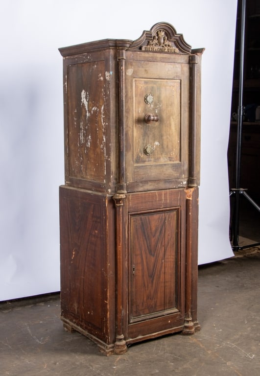 ANTIQUE WIESE & COMPANY IRON & WOOD LOCKED SAFE - 7