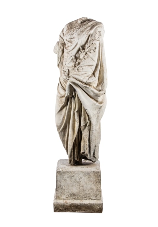 LIFE SIZE FIBERGLASS HEADLESS FEMALE STATUE: Life size fiberglass headless female statue. Approximate dimensions: h. 61", w. 19", d. 19" Disclaimer: Participating bidders must have a credit card on file with LiveAuctioneers in order for their