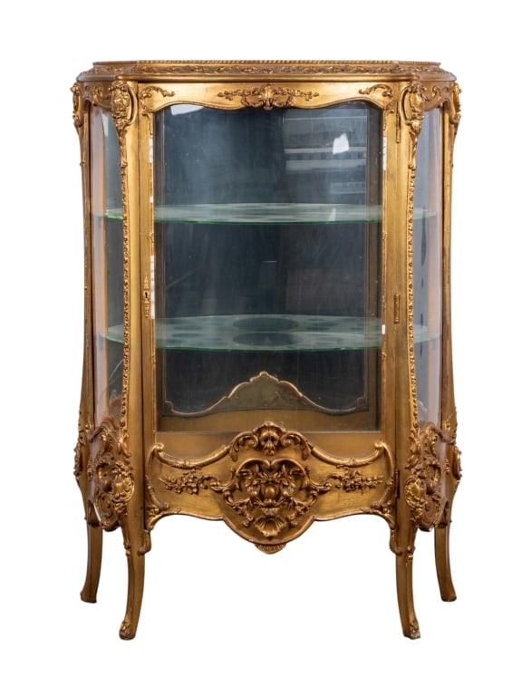 FRENCH LOUIS XV STYLE CURIO CABINET: French Louis XV style curio cabinet. Approximate dimensions: h. 61", w. 30", d. 17" Disclaimer: Participating bidders must have a credit card on file with LiveAuctioneers in order for their bidding re