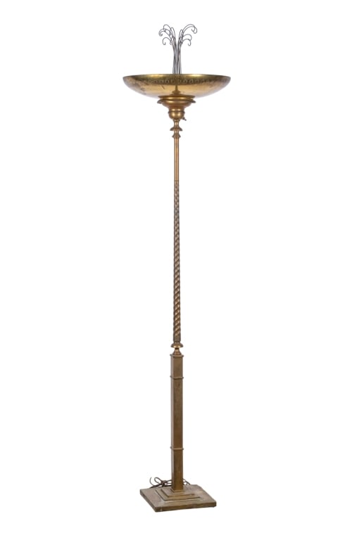 MID-CENTURY PIERCED BRASS FLOOR LAMP: Mid-century pierced brass floor lamp. Approximate dimensions: h. 71", dia. 16" Disclaimer: Participating bidders must have a credit card on file with LiveAuctioneers in order for their bidding
