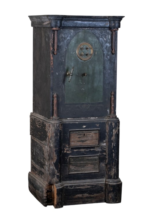 19TH CENTURY IRON FOUR DIAL JEWELER SAFE: 19th century iron four dial jeweler safe. Approximate dimensions: h. 56.5", w. 21", d. 24" Disclaimer: Participating bidders must have a credit card on file with LiveAuctioneers in order for their