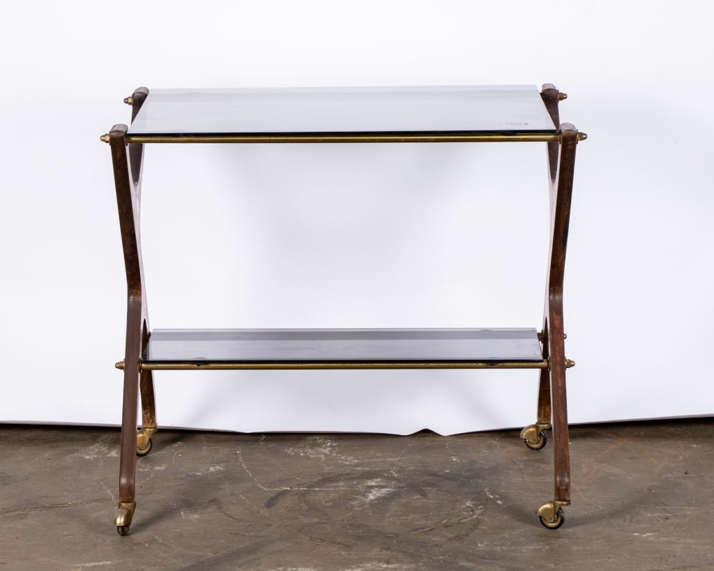 MID-CENTURY SMOKED GLASS & WALNUT BAR CART - 2