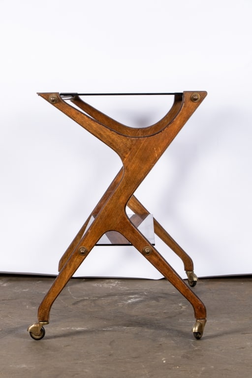 MID-CENTURY SMOKED GLASS & WALNUT BAR CART - 3