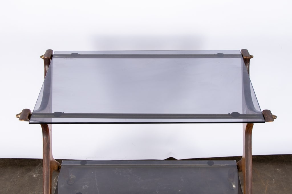 MID-CENTURY SMOKED GLASS & WALNUT BAR CART - 4