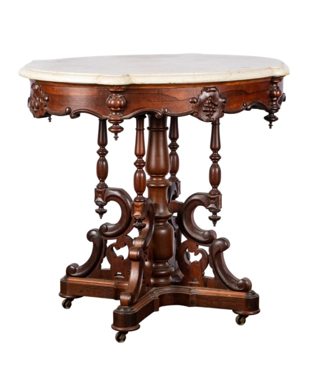 VICTORIAN EASTLAKE WALNUT & MARBLE PARLOR TABLE (1 of 8)