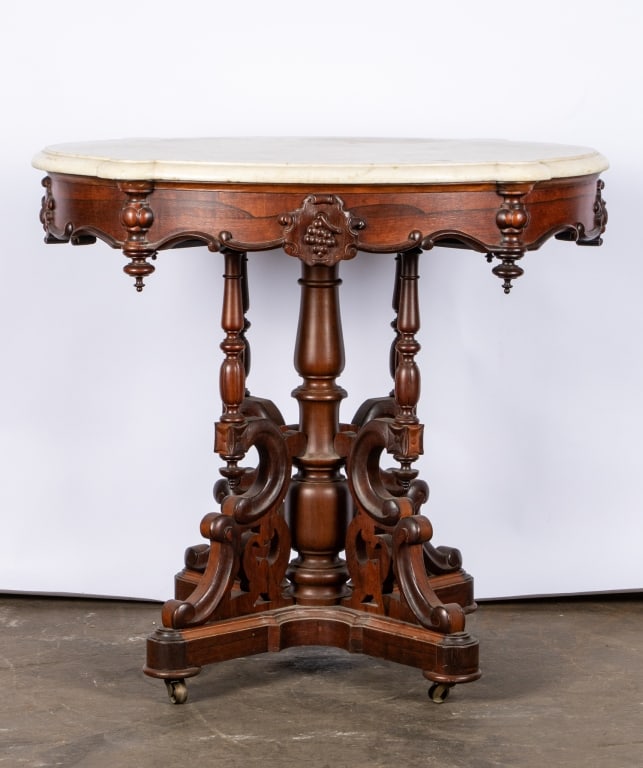 VICTORIAN EASTLAKE WALNUT & MARBLE PARLOR TABLE - 2