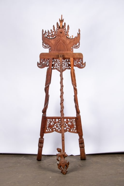ORNATE BURMESE CARVED FLOOR EASEL - 11