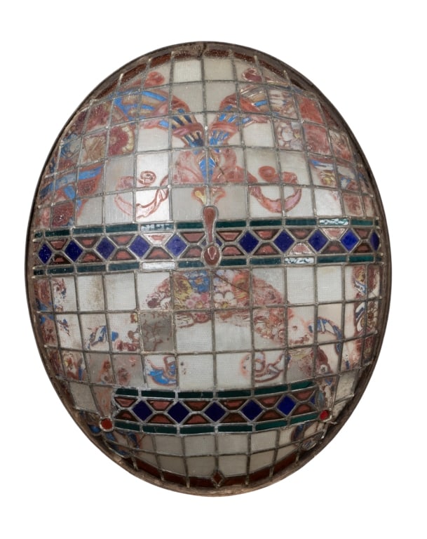 LARGE OVAL STAINED GLASS PANEL: Large oval stained glass panel. Approximate dimensions: h. 30", w. 32", d. 7" Disclaimer: Participating bidders must have a credit card on file with LiveAuctioneers in order for their bidding