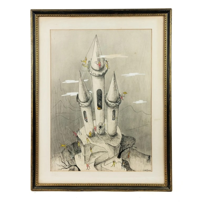 LILETTE SALTIEL SILK SCREEN PRINT: Lilette Saltiel silk screen print depicting a trio of castle towers upon a hill with faceless human figures in grey, yellow, or pink engaged in a variety of activity, signed lower right. Framed.