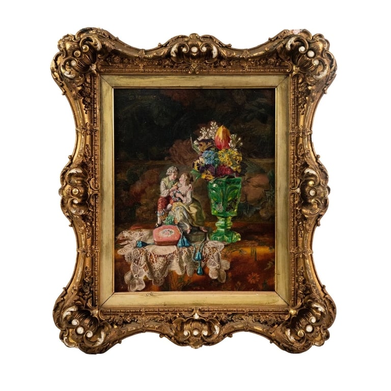 LEA REINHART, STILL LIFE, OIL ON BOARD: Lea Reinhart. Untitled, still life - oil on board, signed to UL. Framed. Approximate dimensions: h. 15", w. 14", d. 2" Disclaimer: Participating bidders must have a credit card on file with