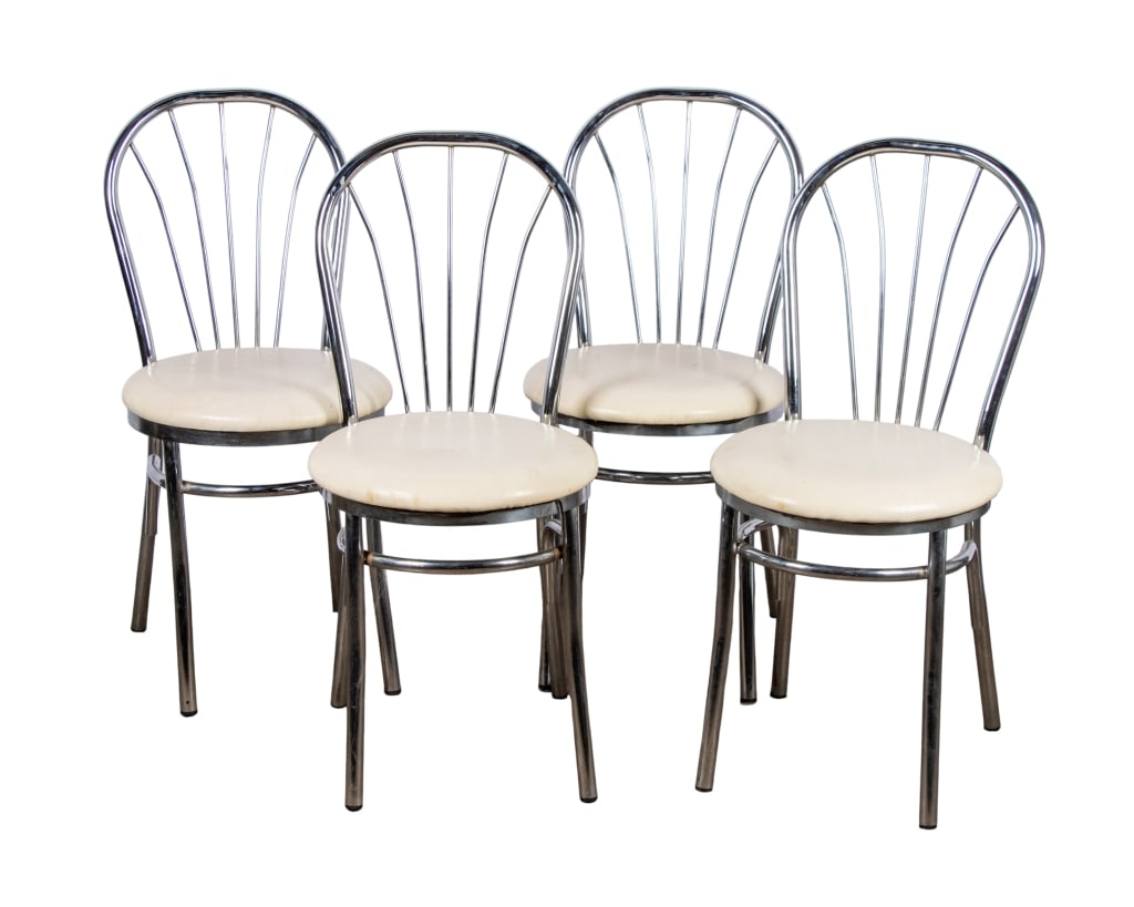 SET OF 4 MID-CENTURY VINYL & CHROME DINING CHAIRS: Set of 4 Mid-Century vinyl & chrome dining hairs with white vinyl seats. Approximate dimensions: h. 35", w. 17", d. 21" Disclaimer: Participating bidders must have a credit card on file with LiveAucti