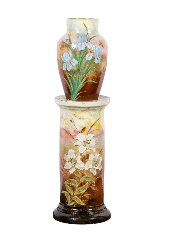 20TH CENTURY HAND-PAINTED VASE ON PEDESTAL: 20th century. Hand-painted floral motif vase on pedestal. Approximate dimensions: pedestal h. 24", dia 11.5"; vase h. 15.5", dia. 9" Disclaimer: Participating bidders must have a credit card on file w