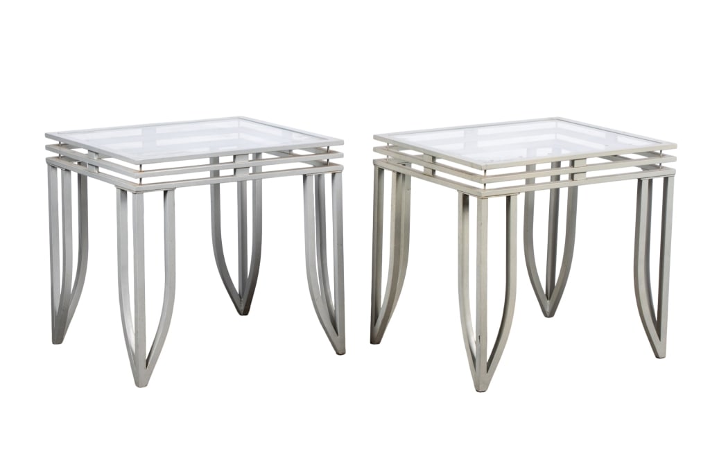 PAIR OF MODERN GLASS & METAL SIDE TABLES: Pair of modern glass and metal side tables. Approximate dimensions: h. 23", w. 20", d. 23.5" Disclaimer: Participating bidders must have a credit card on file with LiveAuctioneers in order for their