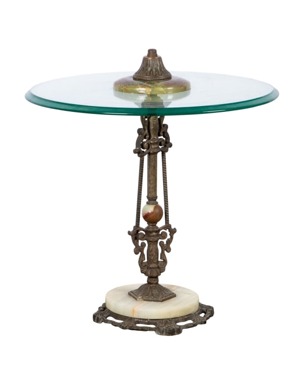 20TH CENTURY GLASS, METAL & STONE SIDE TABLE: 20th century glass, metal and stone side table. Approximate dimensions: h. 21", dia. 22" Disclaimer: Participating bidders must have a credit card on file with LiveAuctioneers in order for their biddi