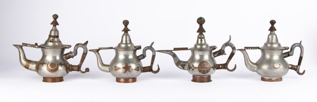 FIVE AFRICAN TUAREG PEWTER TEAPOTS - 2
