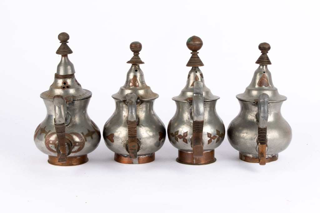 FIVE AFRICAN TUAREG PEWTER TEAPOTS - 3